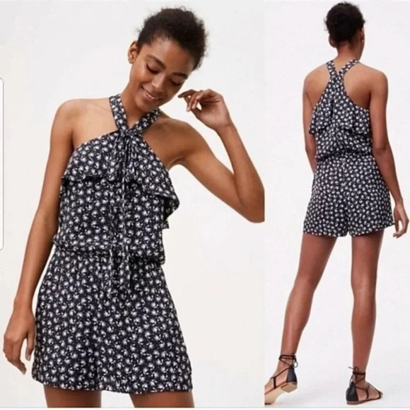 Women's Petite SP NWT Loft Bluebell Flounce Halter Romper Black Floral Print - Picture 2 of 11
